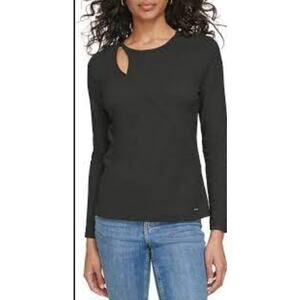 Calvin Klein Womens Cut Out Blouse S Black NWT Shirt Top Minimalist Career Work